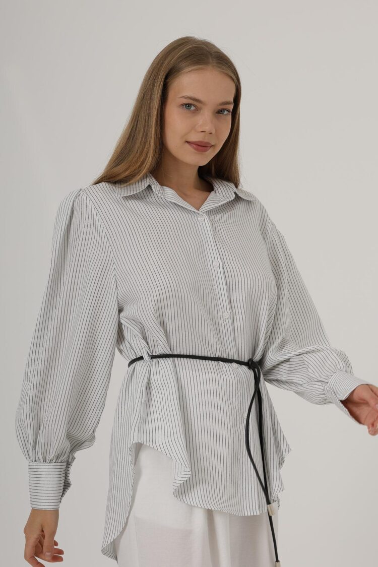 Silvery Striped Belted Shirt