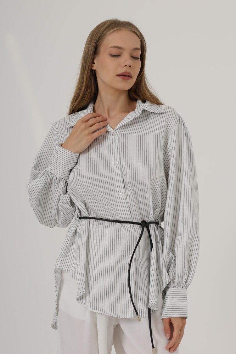 Silvery Striped Belted Shirt