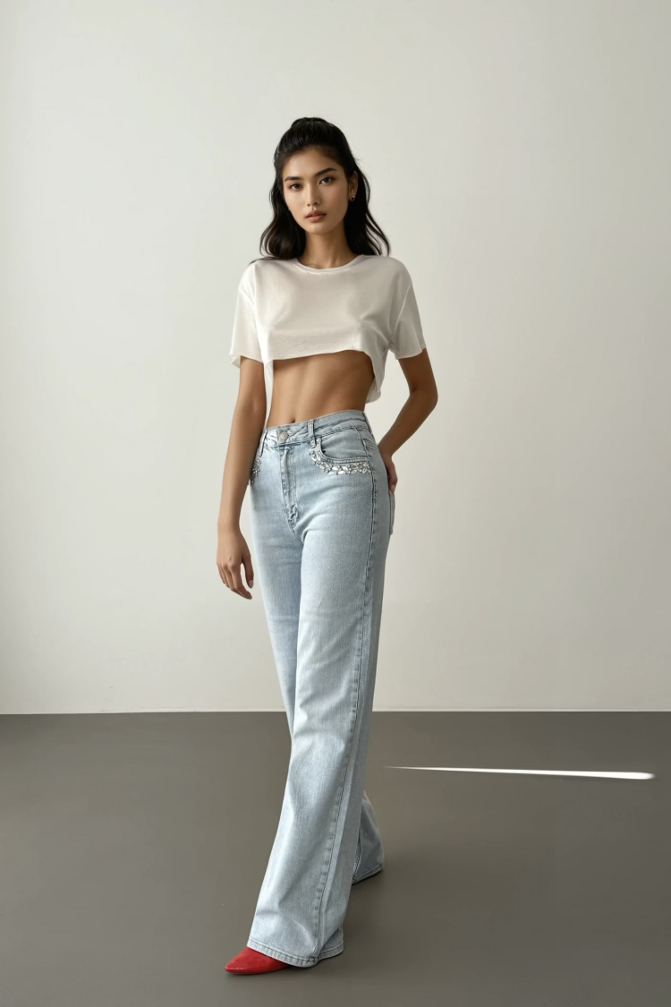 High Waist Pocket Front Pocket Stone Embroidery Detailed LightJeans Pants - Brand: LACARINO - Women's Clothing Wholesale - Globality Store