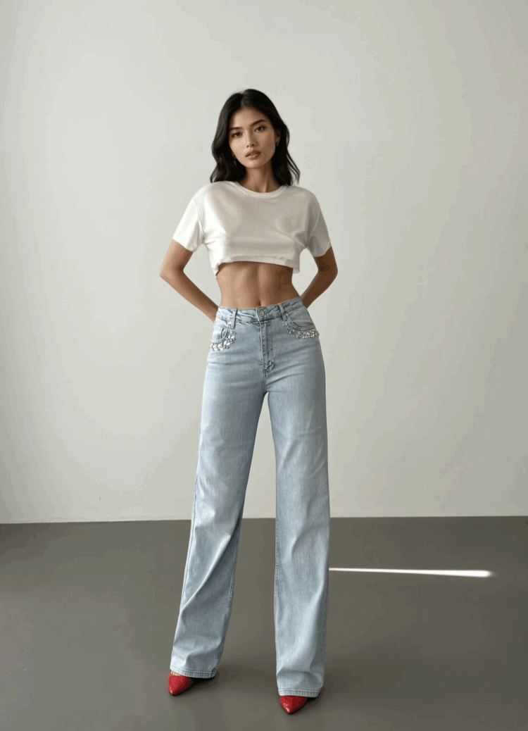High Waist Pocket Front Pocket Stone Embroidery Detailed LightJeans Pants