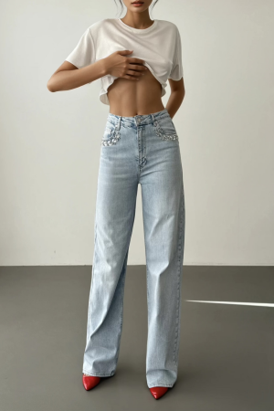 High Waist Pocket Front Pocket Stone Embroidery Detailed LightJeans Pants - Brand: LACARINO - Women's Clothing Wholesale - Globality Store