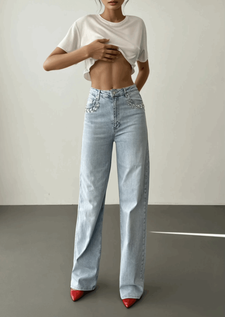 High Waist Pocket Front Pocket Stone Embroidery Detailed LightJeans Pants