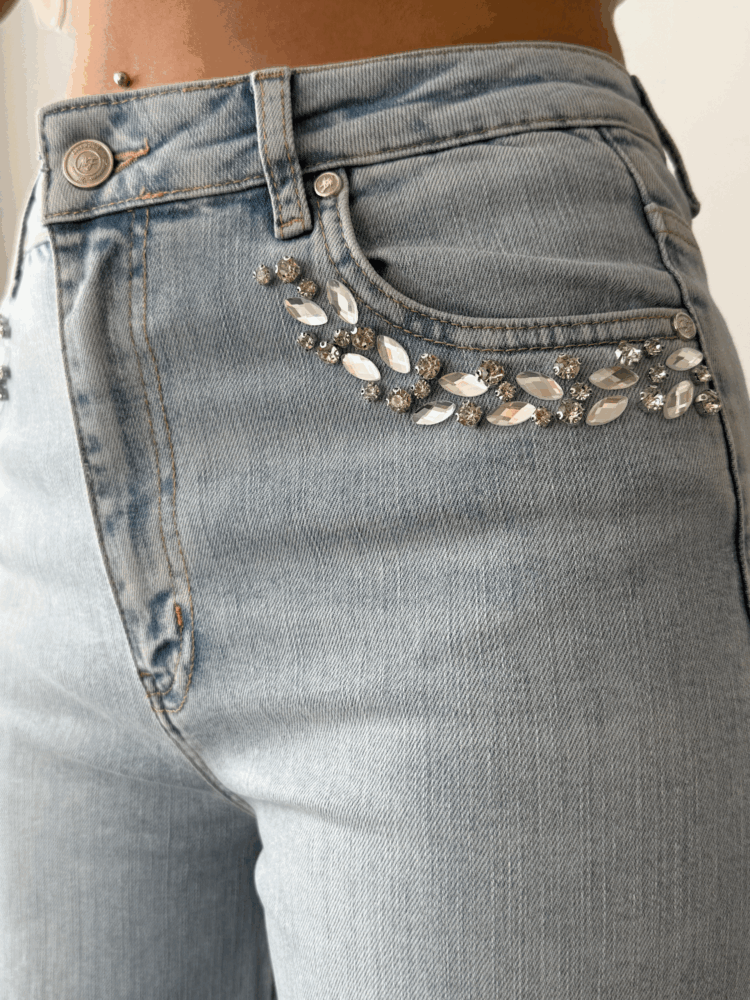 High Waist Pocket Front Pocket Stone Embroidery Detailed LightJeans Pants