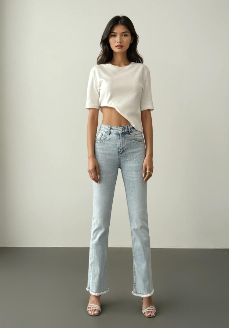 High Waist Leg Tassel LightStone Detailed Jeans Pants