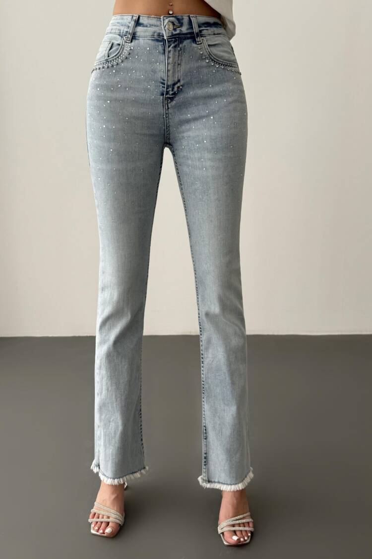 High Waist Leg Tassel LightStone Detailed Jeans Pants