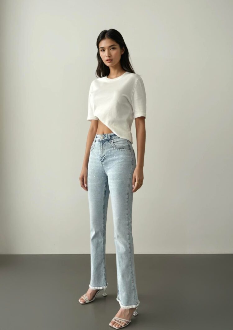 High Waist Leg Tassel LightStone Detailed Jeans Pants
