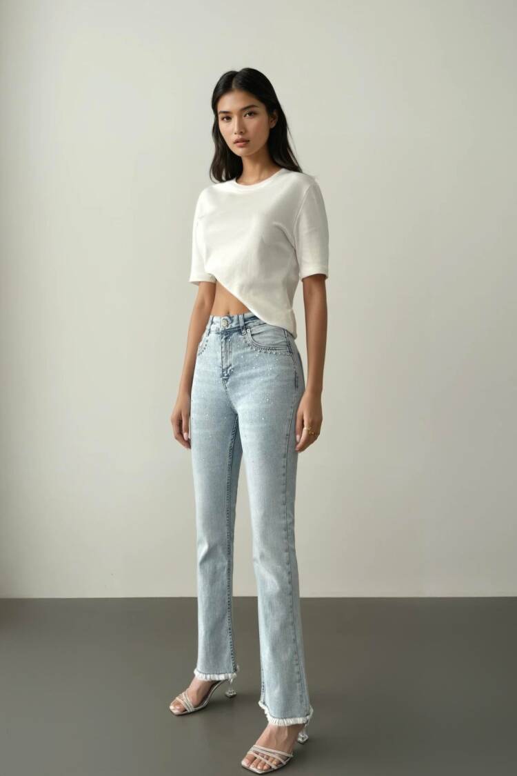 High Waist Leg Tassel LightStone Detailed Jeans Pants