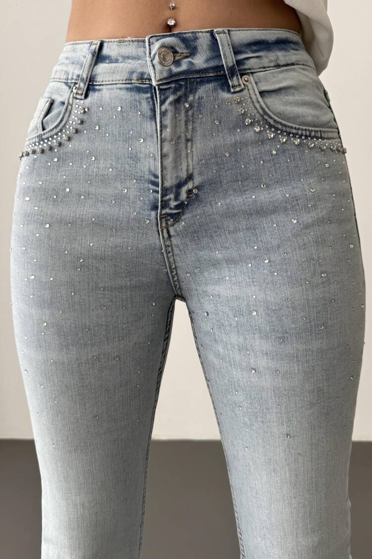 High Waist Leg Tassel LightStone Detailed Jeans Pants