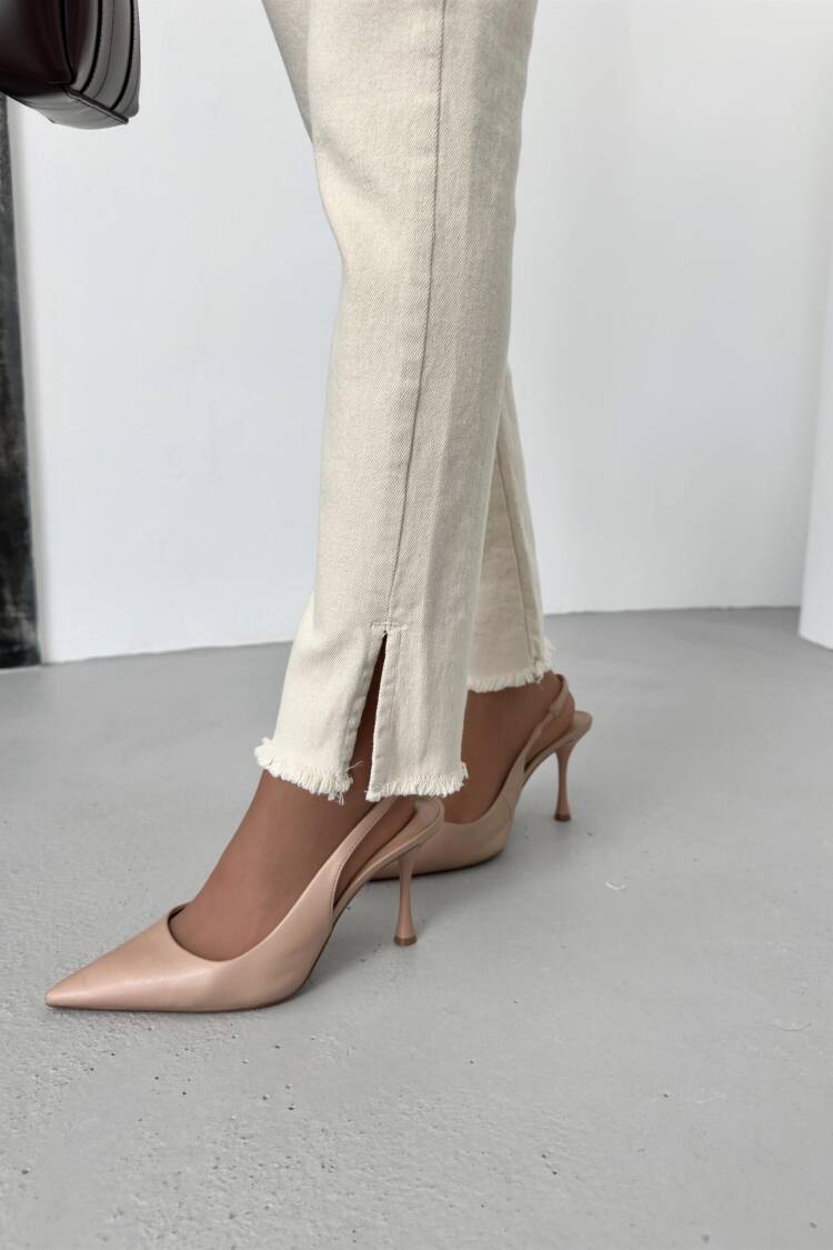 High Waist Leg Dirty Sewing Detailed Side Slit Natural Jeans