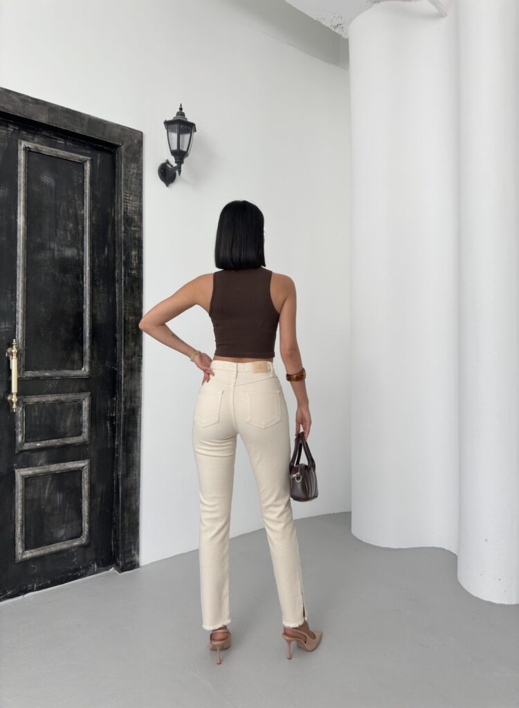 High Waist Leg Dirty Sewing Detailed Side Slit Natural Jeans