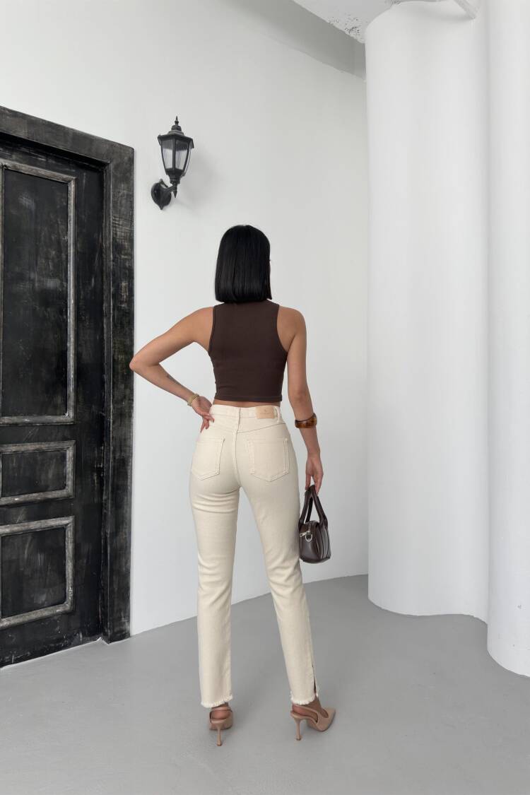 High Waist Leg Dirty Sewing Detailed Side Slit Natural Jeans