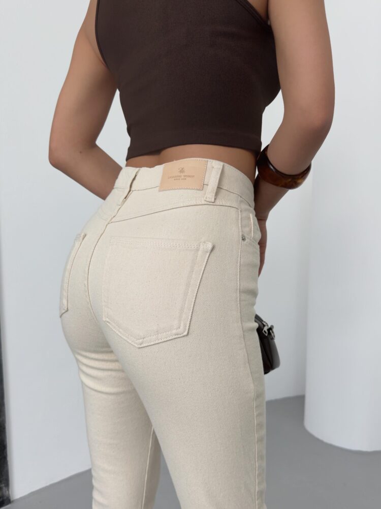 High Waist Leg Dirty Sewing Detailed Side Slit Natural Jeans