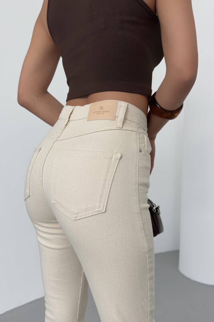 High Waist Leg Dirty Sewing Detailed Side Slit Natural Jeans