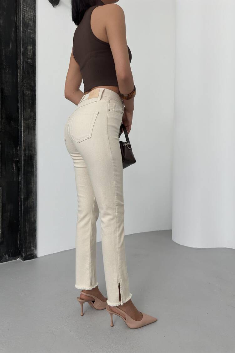 High Waist Leg Dirty Sewing Detailed Side Slit Natural Jeans