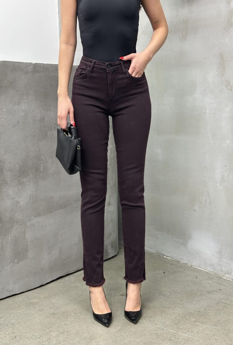 High Waist Leg Dirty Sewing Detailed Side Slit Burgundy Jeans