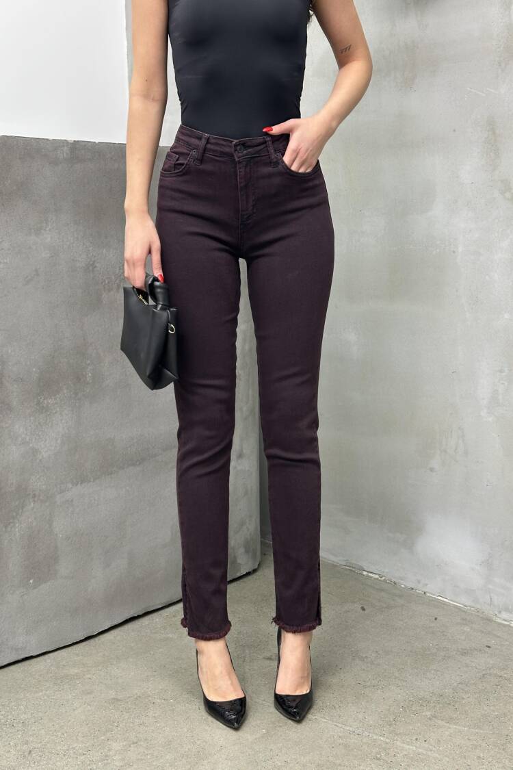 High Waist Leg Dirty Sewing Detailed Side Slit Burgundy Jeans