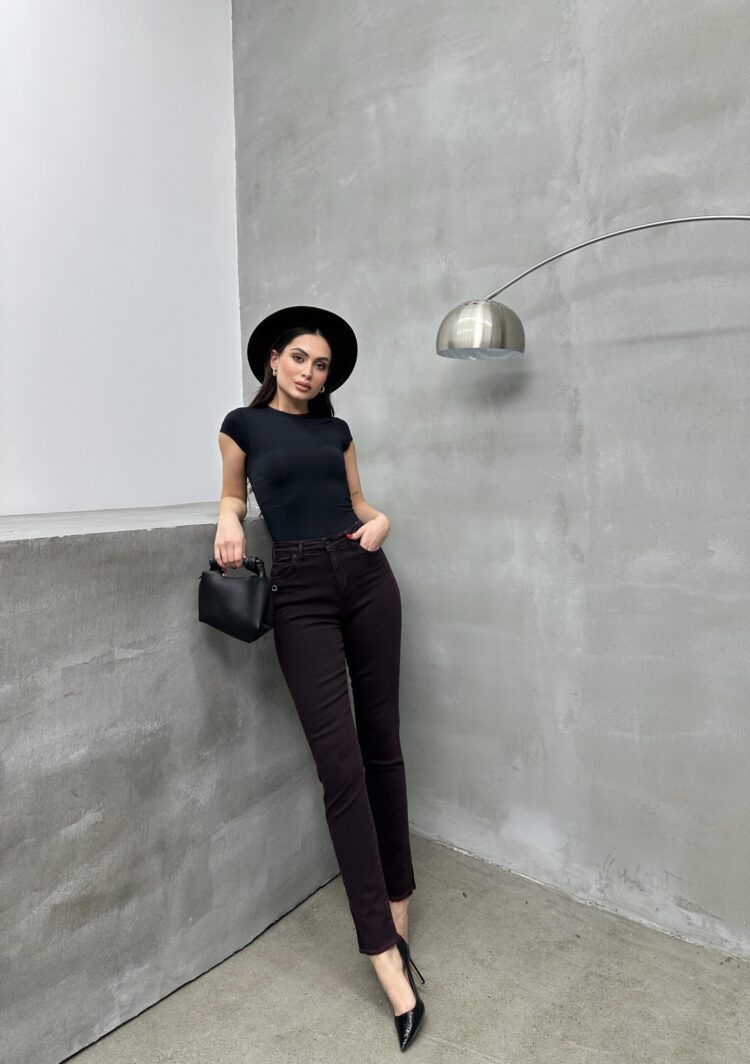 High Waist Leg Dirty Sewing Detailed Side Slit Burgundy Jeans