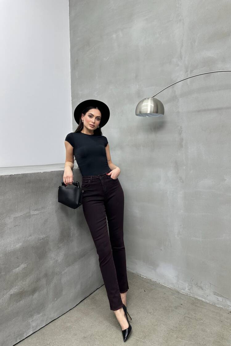 High Waist Leg Dirty Sewing Detailed Side Slit Burgundy Jeans