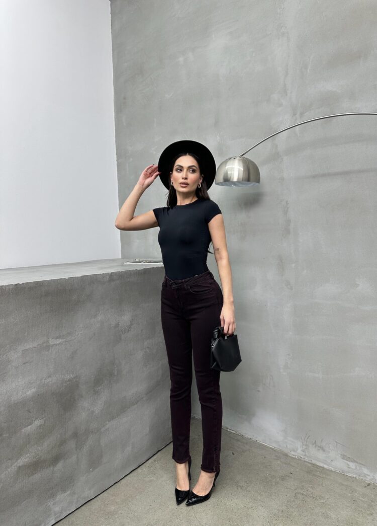 High Waist Leg Dirty Sewing Detailed Side Slit Burgundy Jeans