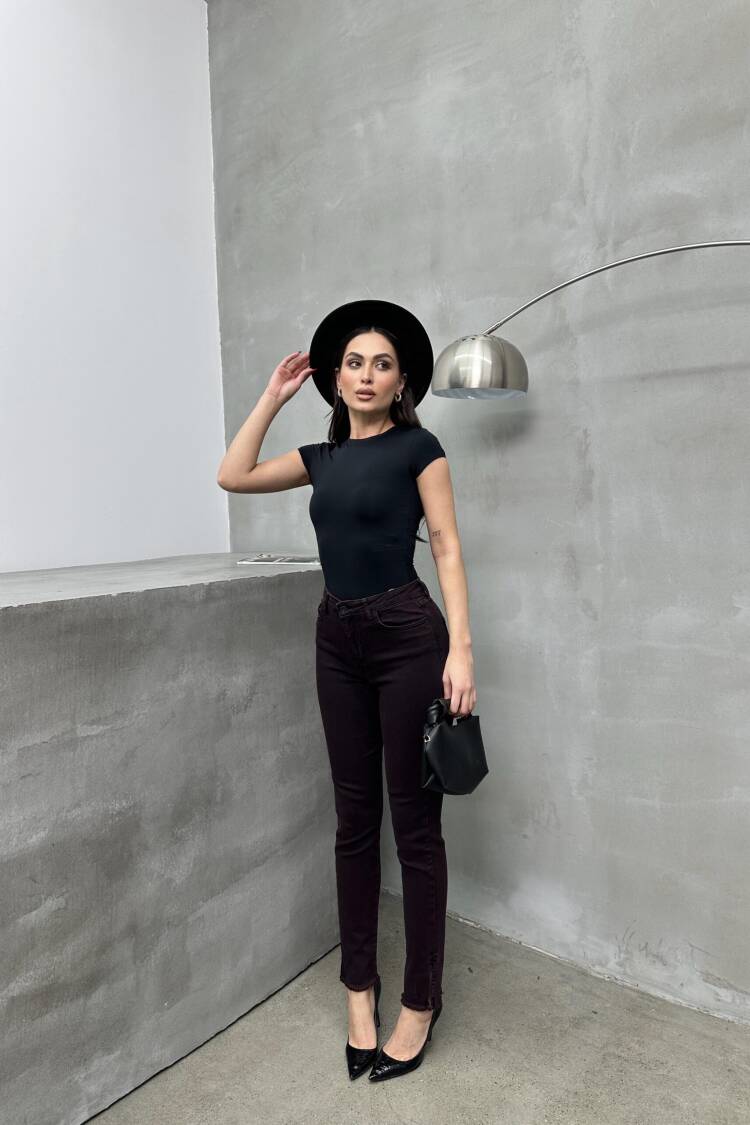 High Waist Leg Dirty Sewing Detailed Side Slit Burgundy Jeans
