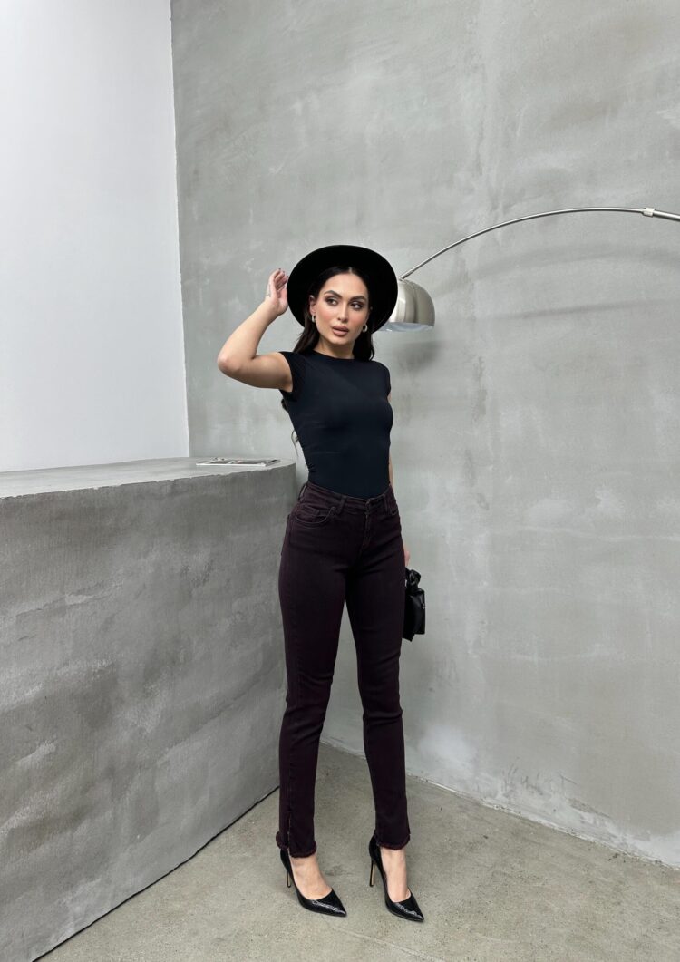 High Waist Leg Dirty Sewing Detailed Side Slit Burgundy Jeans