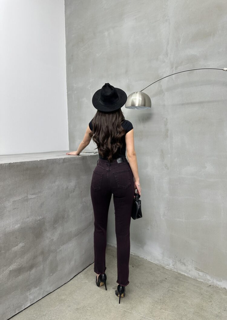 High Waist Leg Dirty Sewing Detailed Side Slit Burgundy Jeans