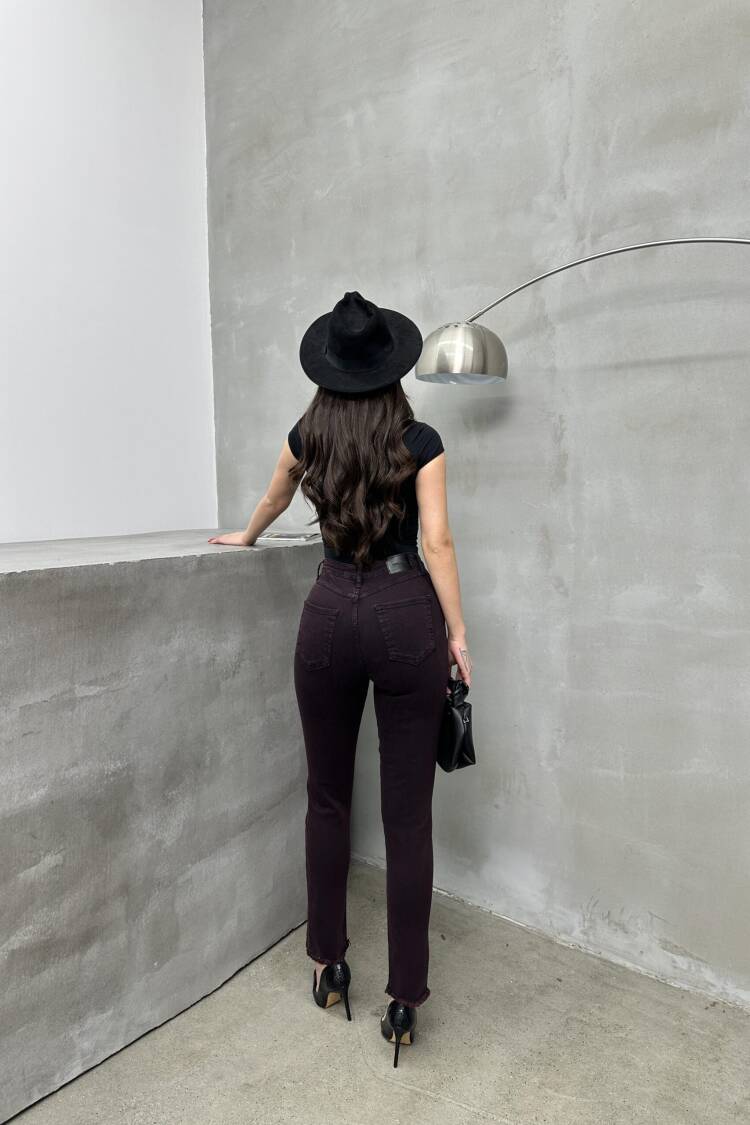 High Waist Leg Dirty Sewing Detailed Side Slit Burgundy Jeans