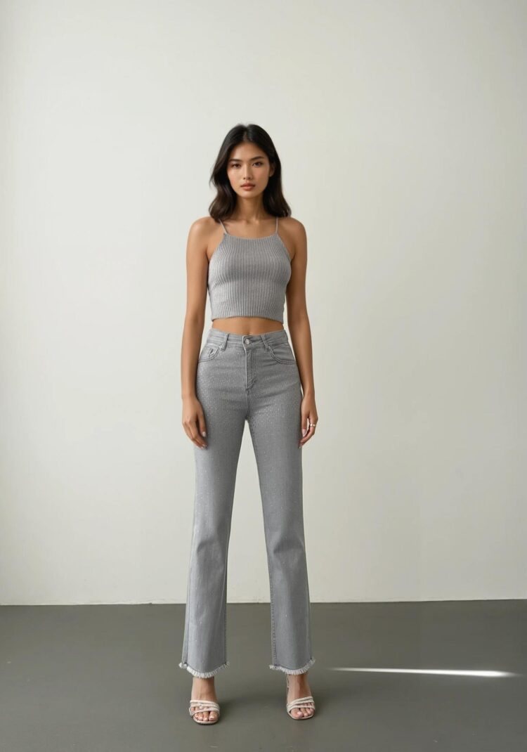 High Waist Leg Tassel Gray Stone Detailed Jeans - Brand: LACARINO - Women's Clothing Wholesale - Globality Store
