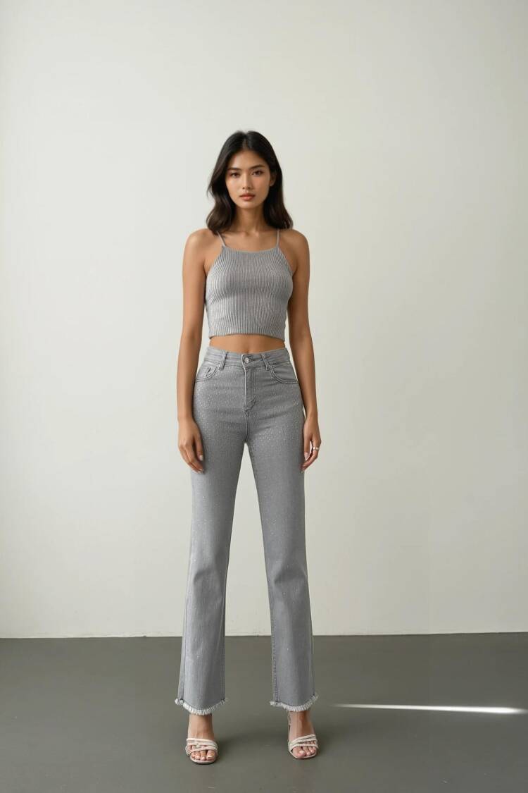 High Waist Leg Tassel Gray Stone Detailed Jeans - Brand: LACARINO - Women's Clothing Wholesale - Globality Store