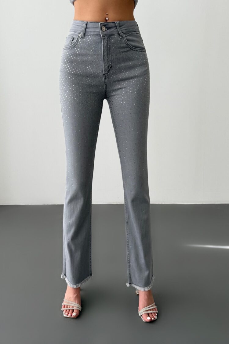 High Waist Leg Tassel Gray Stone Detailed Jeans