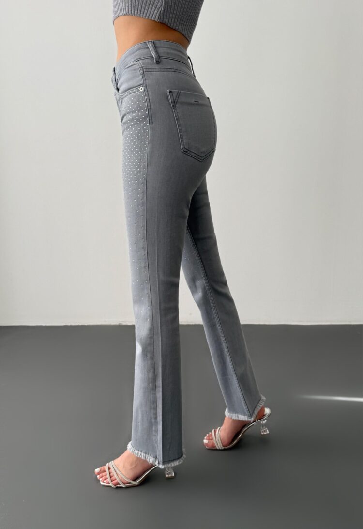 High Waist Leg Tassel Gray Stone Detailed Jeans