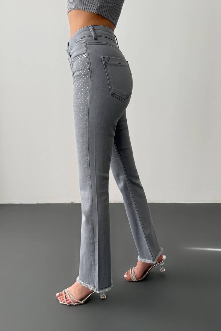 High Waist Leg Tassel Gray Stone Detailed Jeans