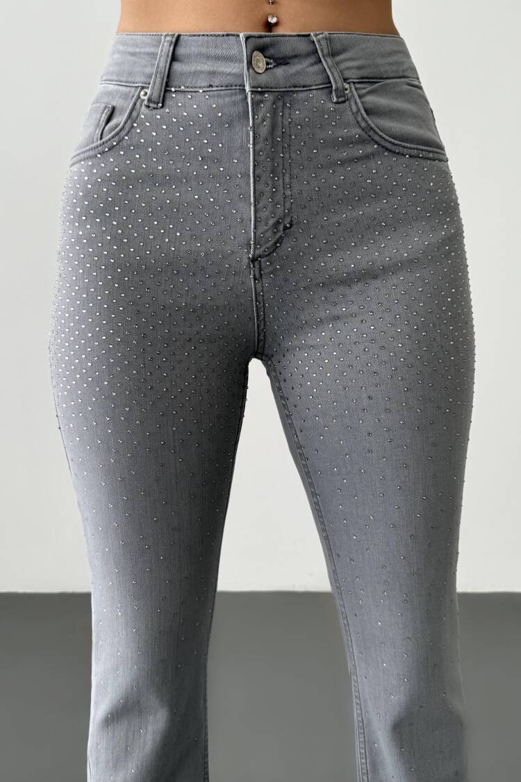 High Waist Leg Tassel Gray Stone Detailed Jeans