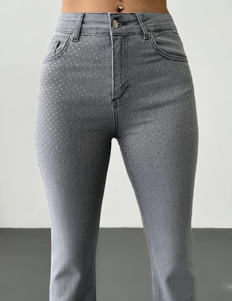 High Waist Leg Tassel Gray Stone Detailed Jeans