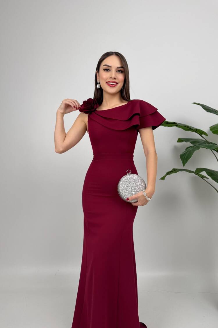 Shoulder Ruffle Rose Dress