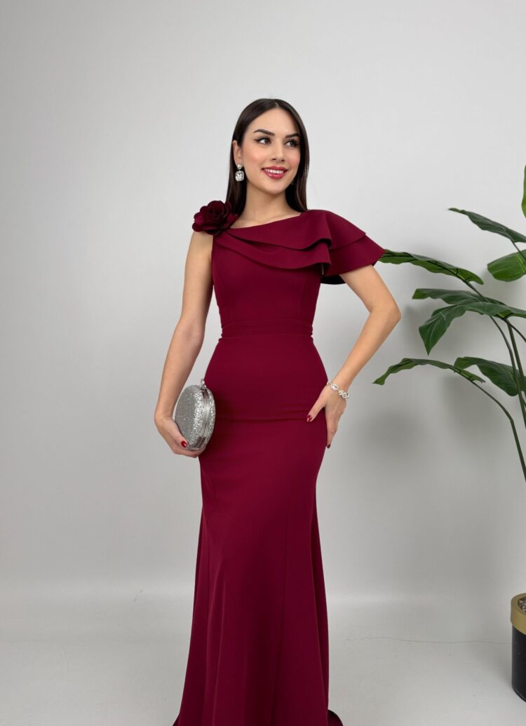 Shoulder Ruffle Rose Dress