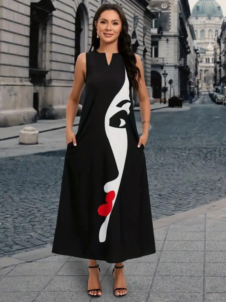 Women's Zero Sleeve V Neck Women's Face Pattern Suprem Dress - Black