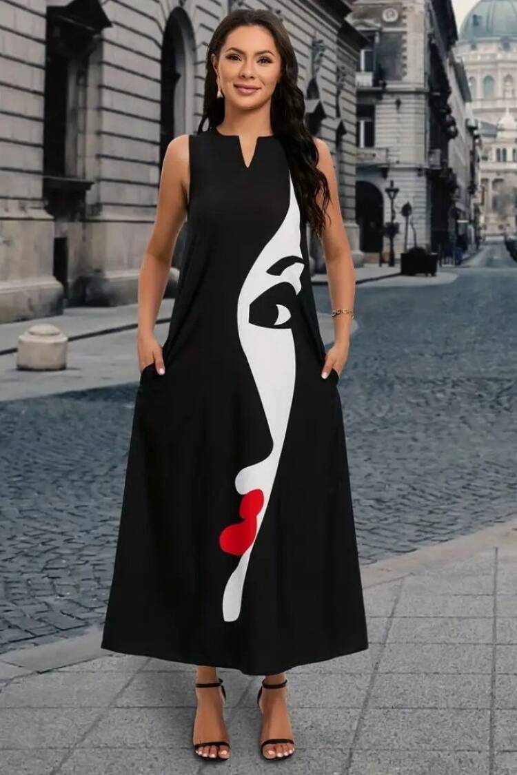 Women's Zero Sleeve V Neck Women's Face Pattern Suprem Dress - Black
