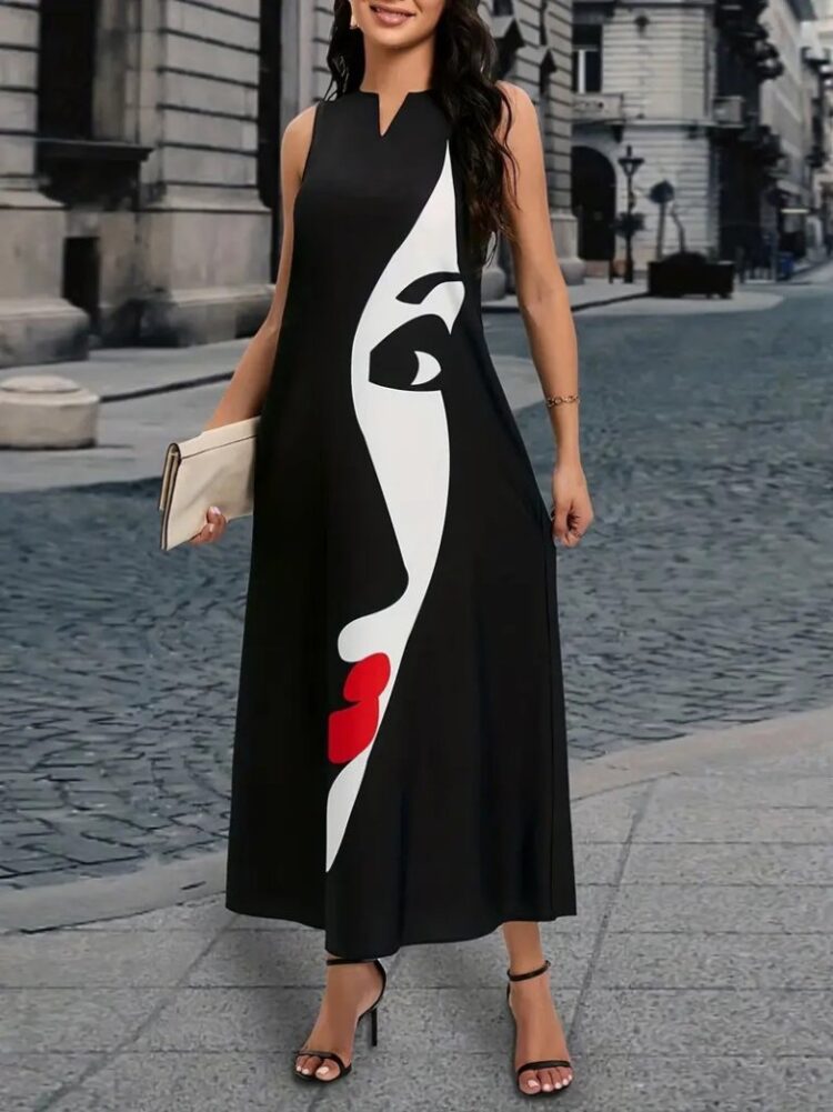 Women's Zero Sleeve V Neck Women's Face Pattern Suprem Dress - Black - Brand: Janes - Women's Clothing Wholesale - Globality Store
