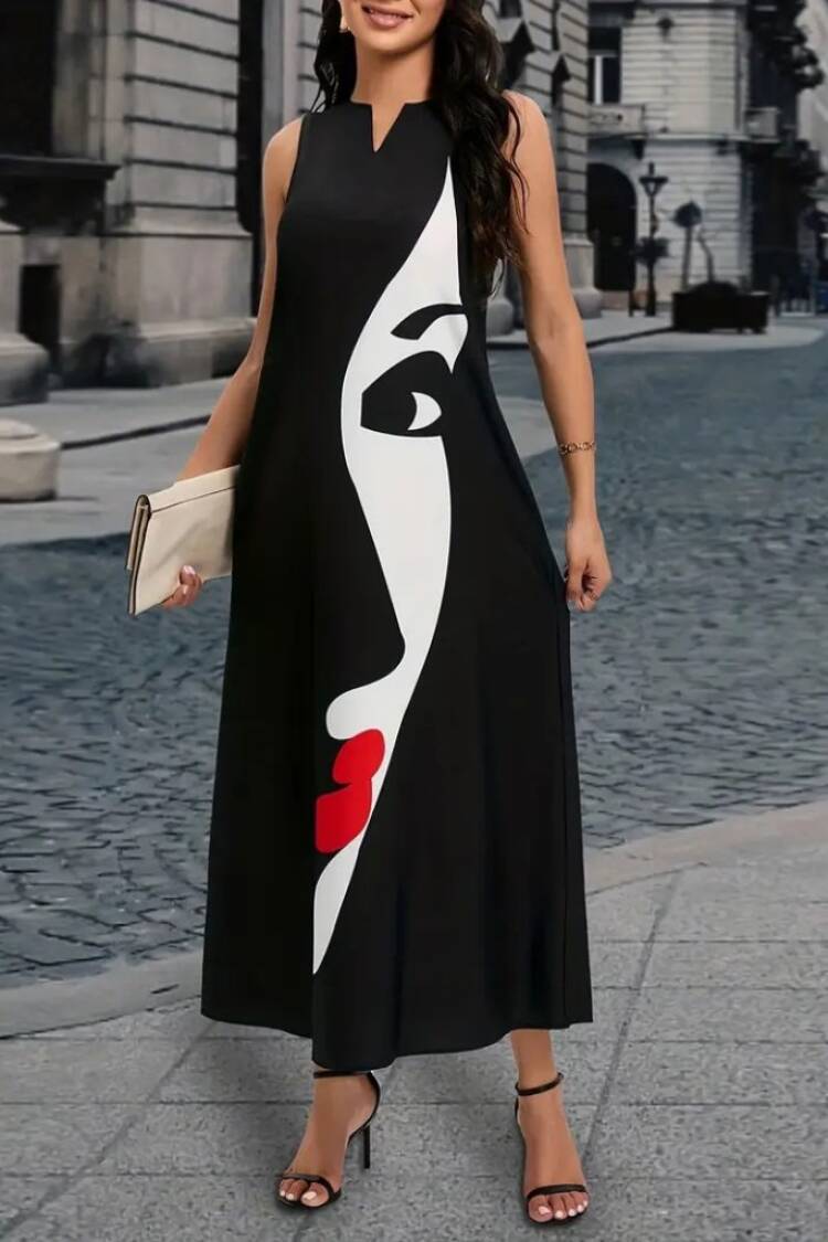 Women's Zero Sleeve V Neck Women's Face Pattern Suprem Dress - Black - Brand: Janes - Women's Clothing Wholesale - Globality Store