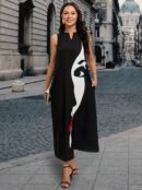 Women's Zero Sleeve V Neck Women's Face Pattern Suprem Dress - Black - Brand: Janes - Women's Clothing Wholesale - Globality Store