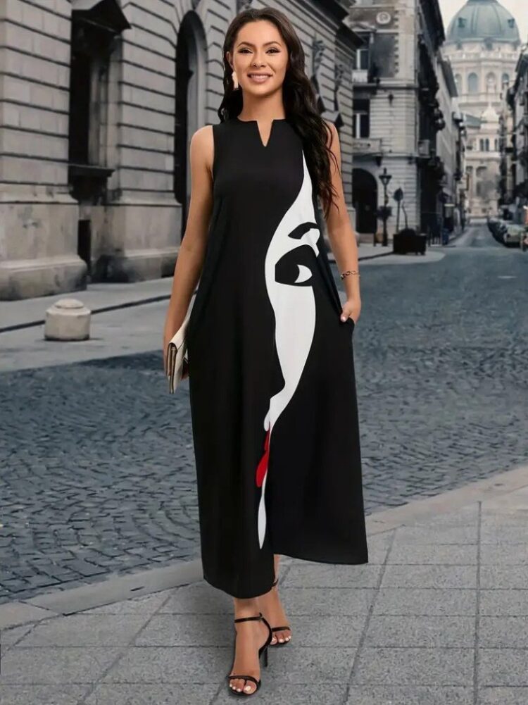 Women's Zero Sleeve V Neck Women's Face Pattern Suprem Dress - Black