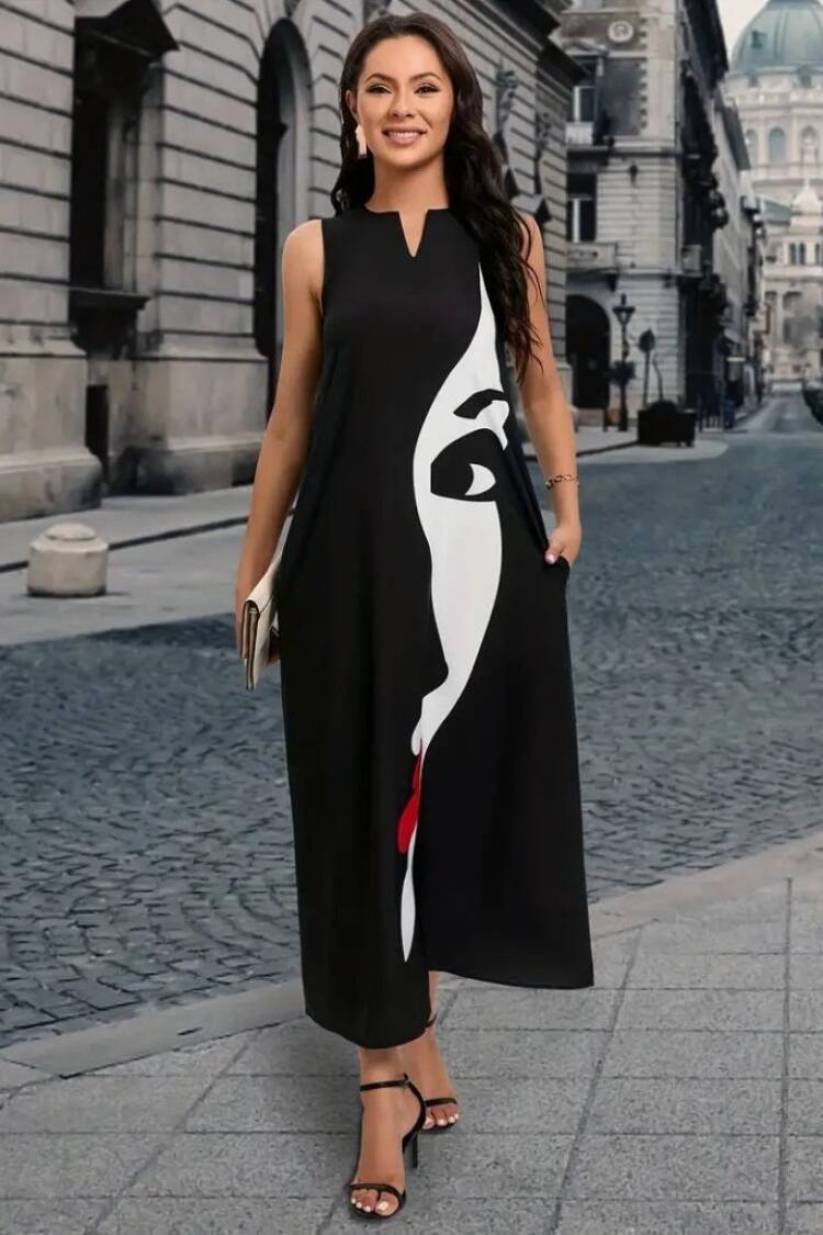 Women's Zero Sleeve V Neck Women's Face Pattern Suprem Dress - Black