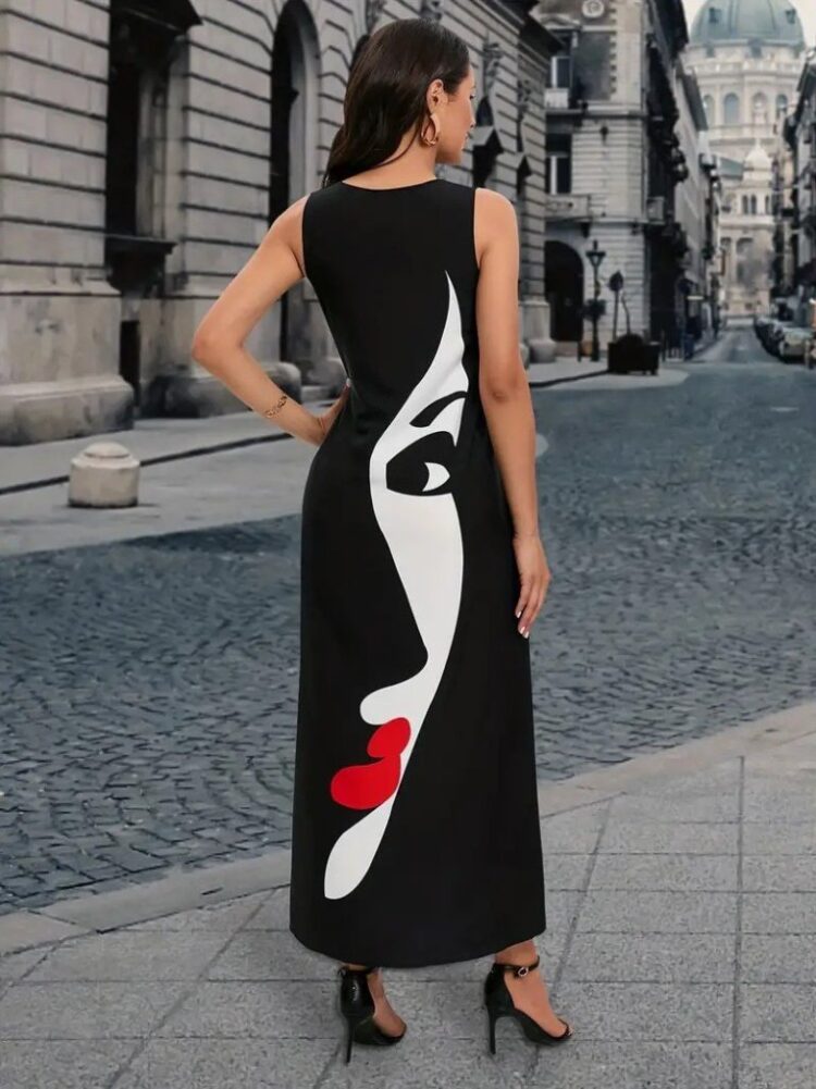 Women's Zero Sleeve V Neck Women's Face Pattern Suprem Dress - Black