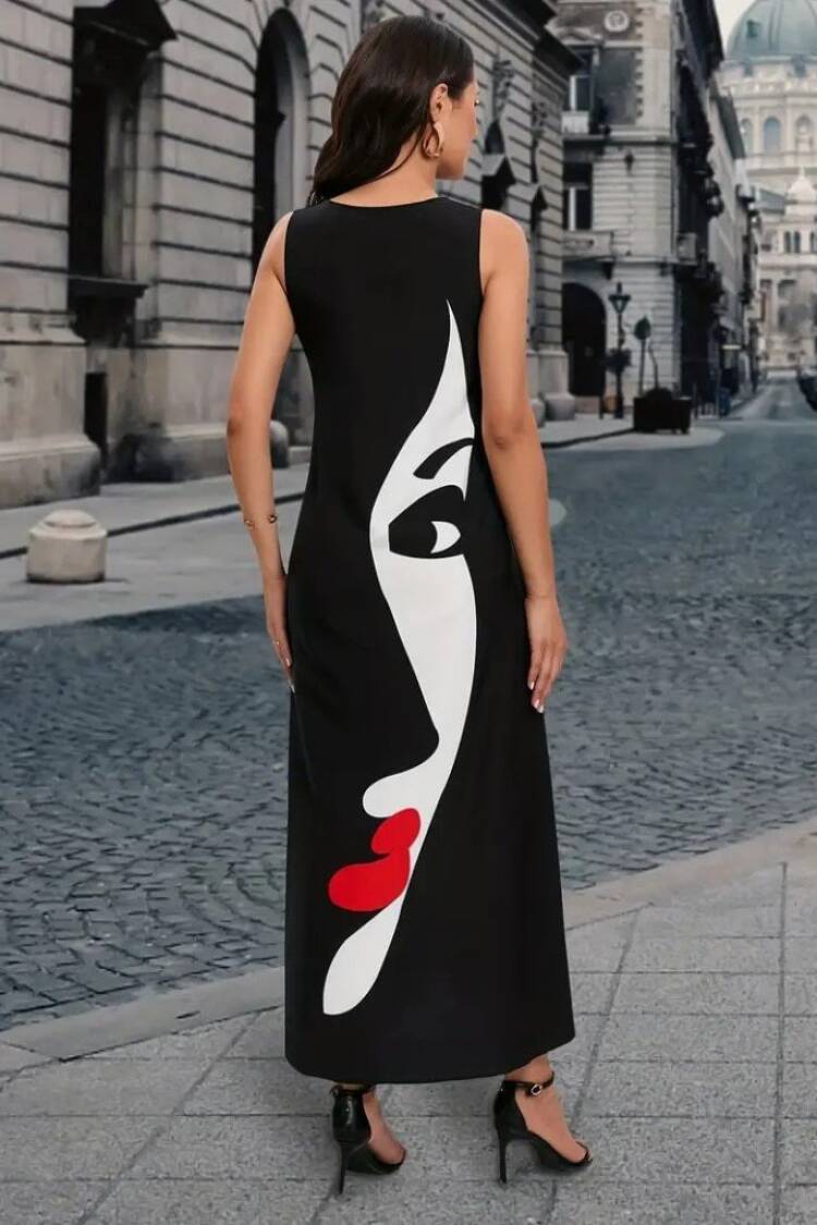 Women's Zero Sleeve V Neck Women's Face Pattern Suprem Dress - Black