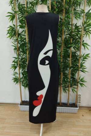 Women's Zero Sleeve V Neck Women's Face Pattern Suprem Dress - Black - Brand: Janes - Women's Clothing Wholesale - Globality Store