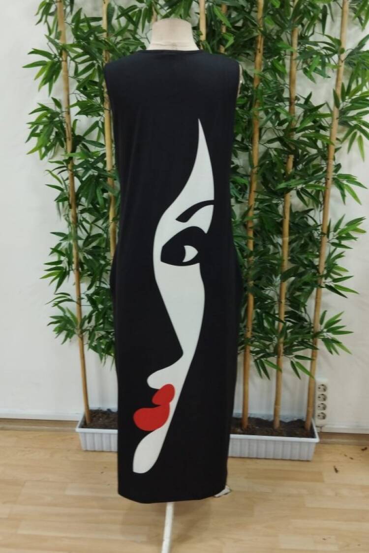Women's Zero Sleeve V Neck Women's Face Pattern Suprem Dress - Black