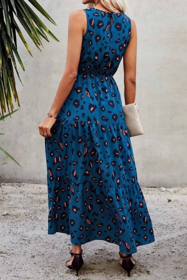 Women's Sleeveless Crew Neck Elastic Waist Patterned Suprem Dress