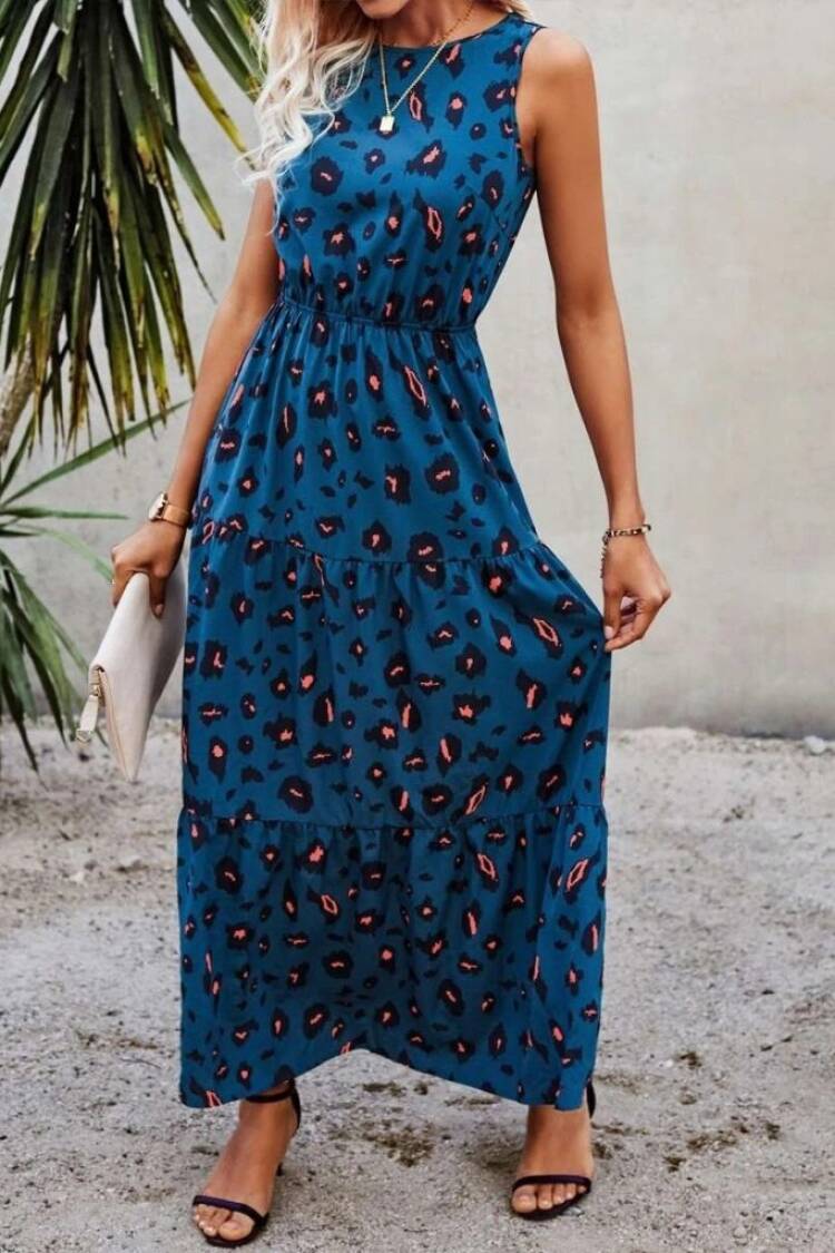 Women's Sleeveless Crew Neck Elastic Waist Patterned Suprem Dress