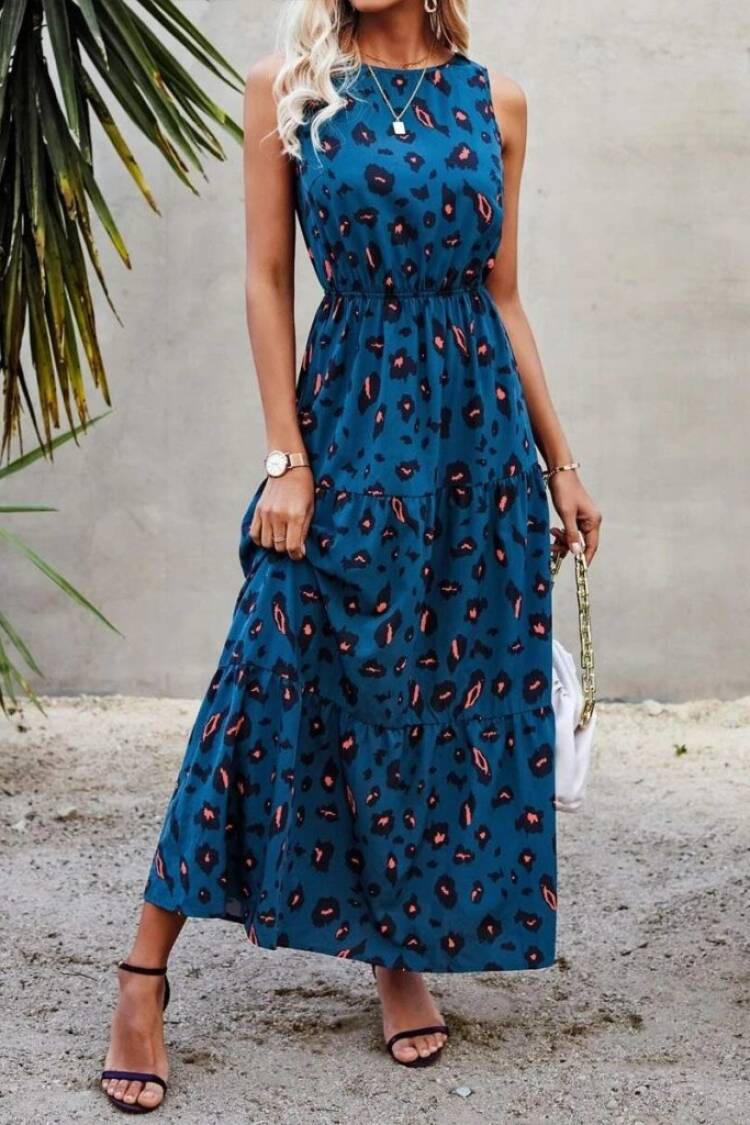 Women's Sleeveless Crew Neck Elastic Waist Patterned Suprem Dress